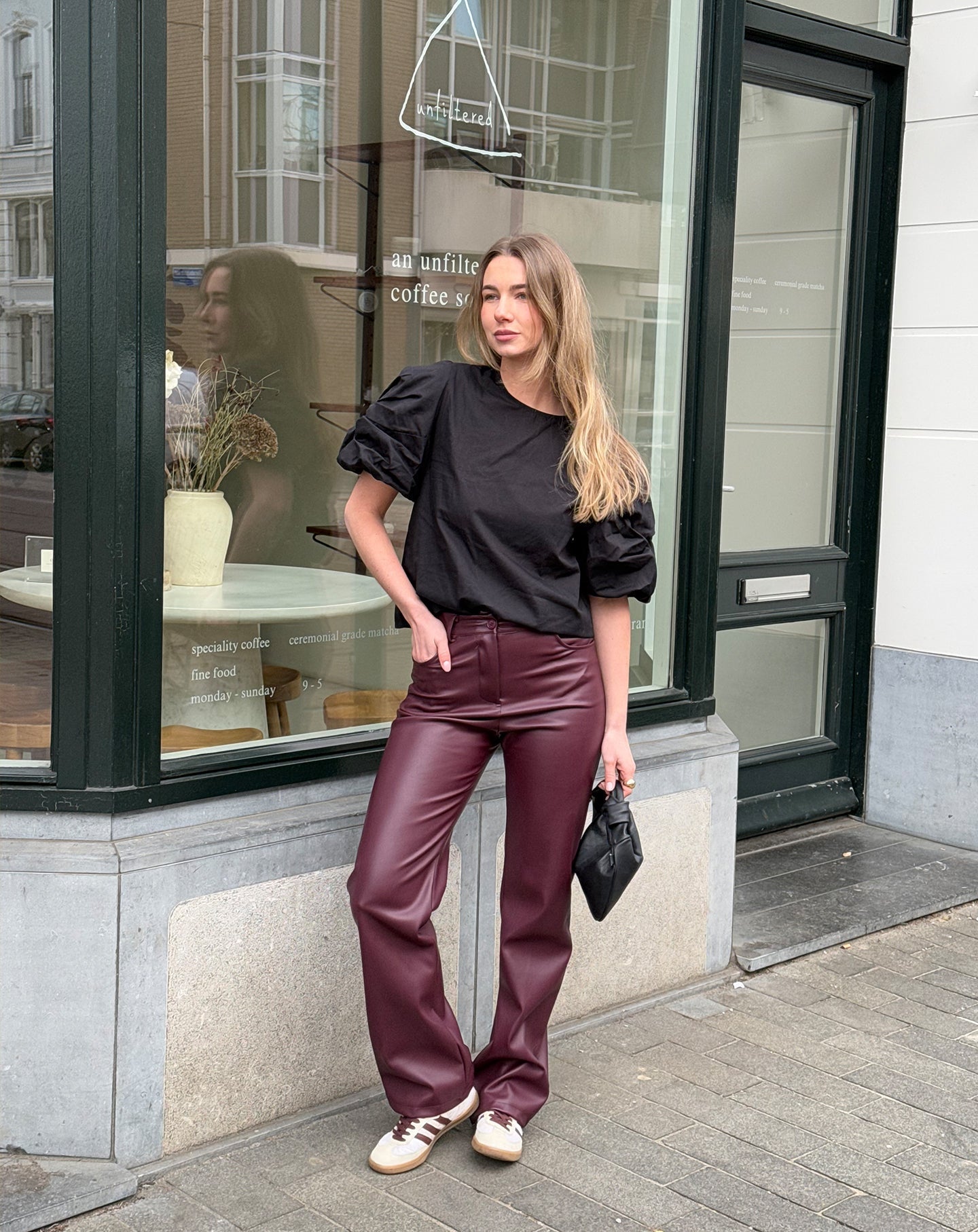 LEATHER STRAIGHT LEG PANTS PETITE BURGUNDY