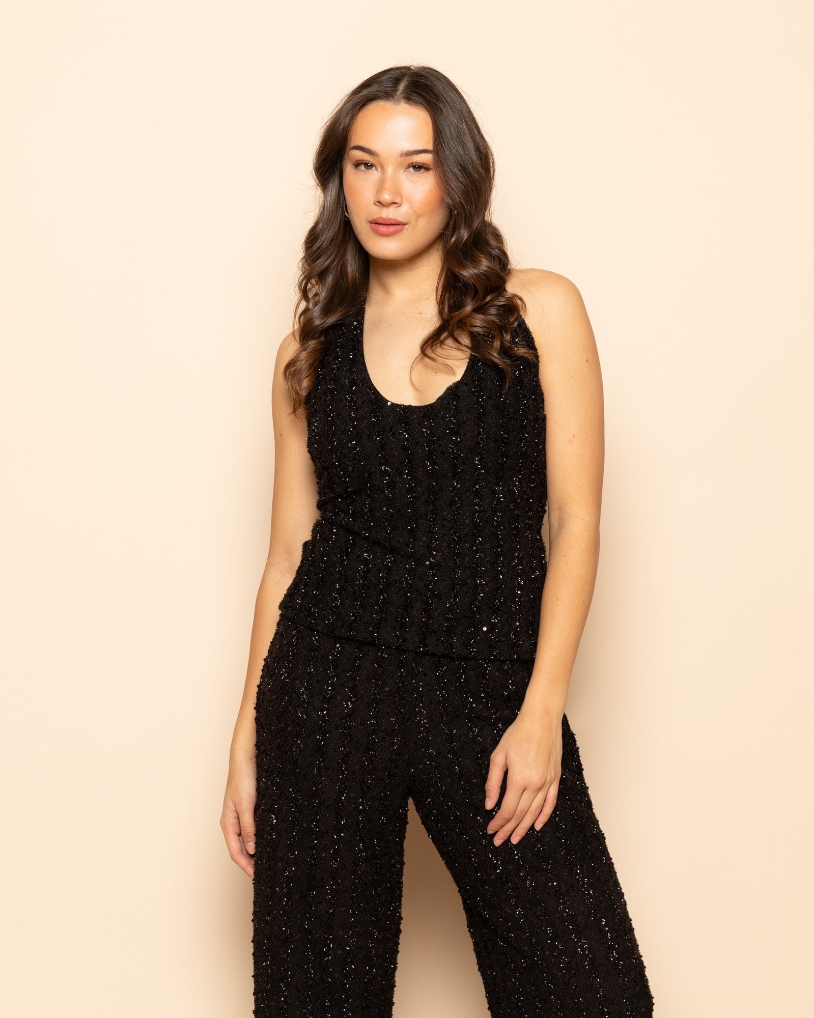 STRETCHY BOUCLE GLITTER WIDE LEG PANTS ZWART