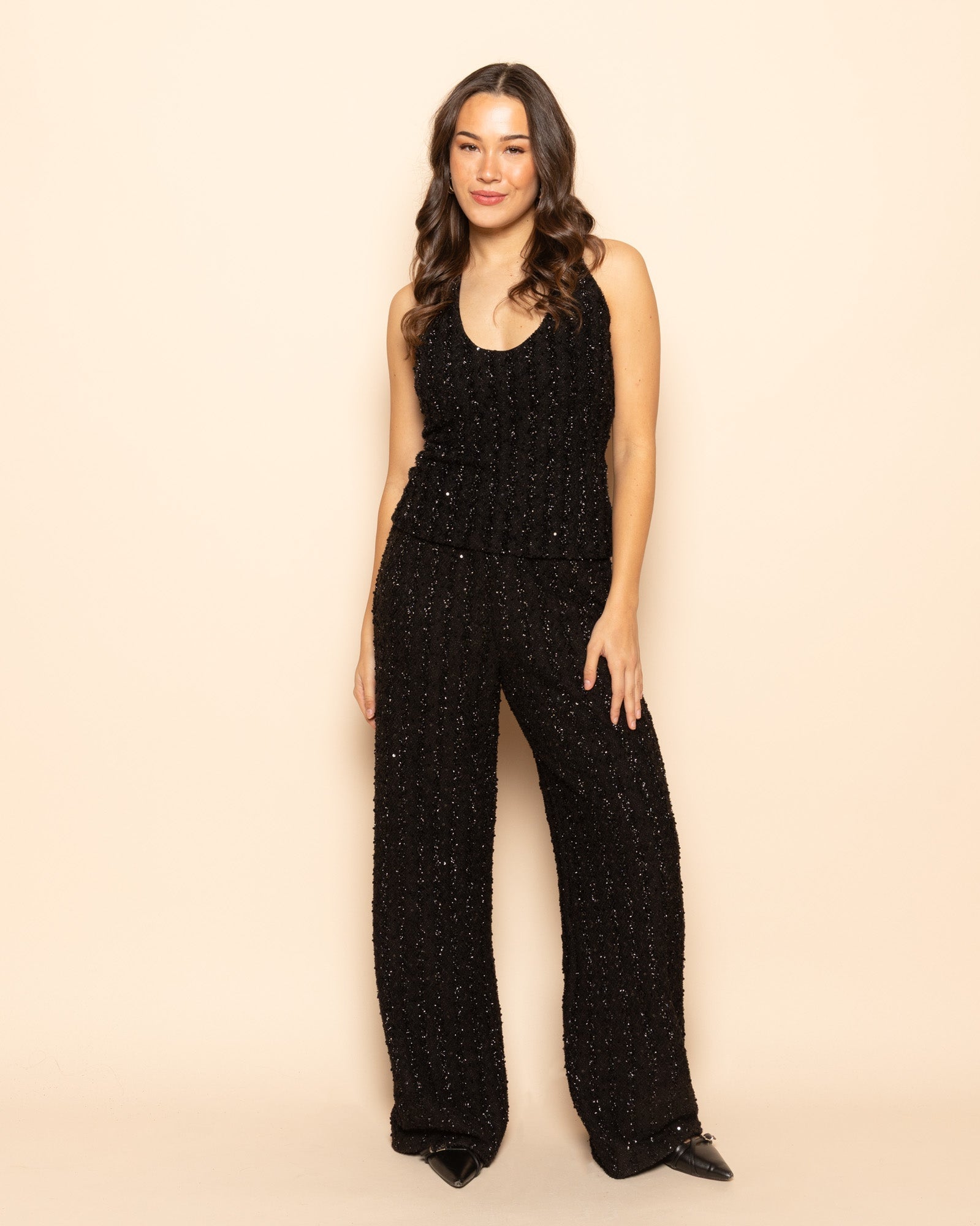 STRETCHY BOUCLE GLITTER HALTER TOP ZWART