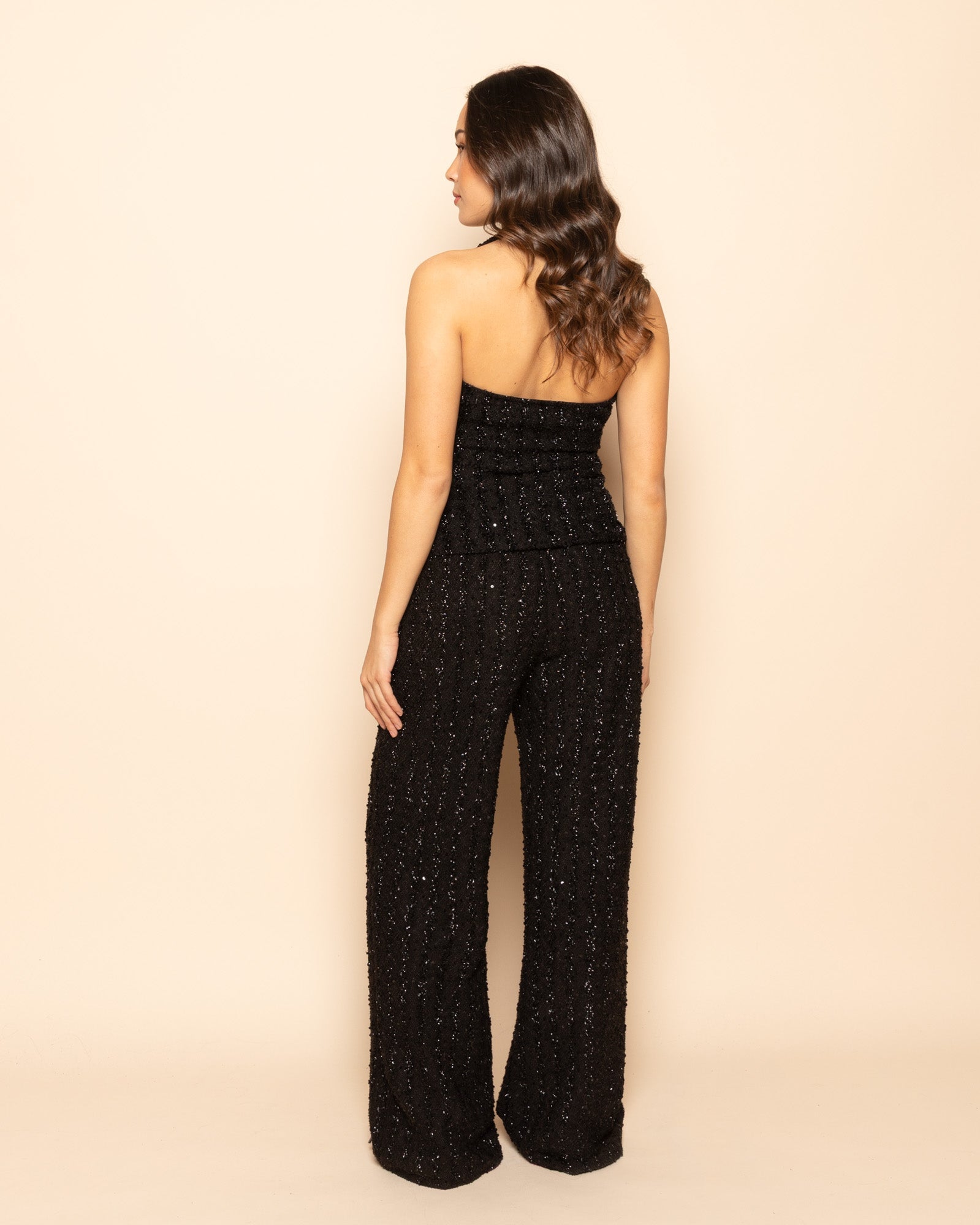 STRETCHY BOUCLE GLITTER HALTER TOP ZWART