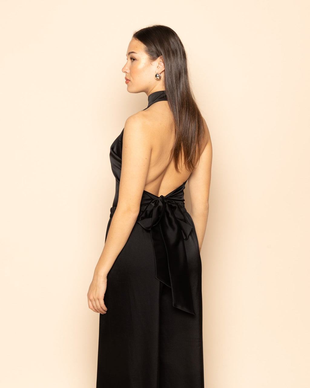 SATIN HALTER BOW TOP ZWART