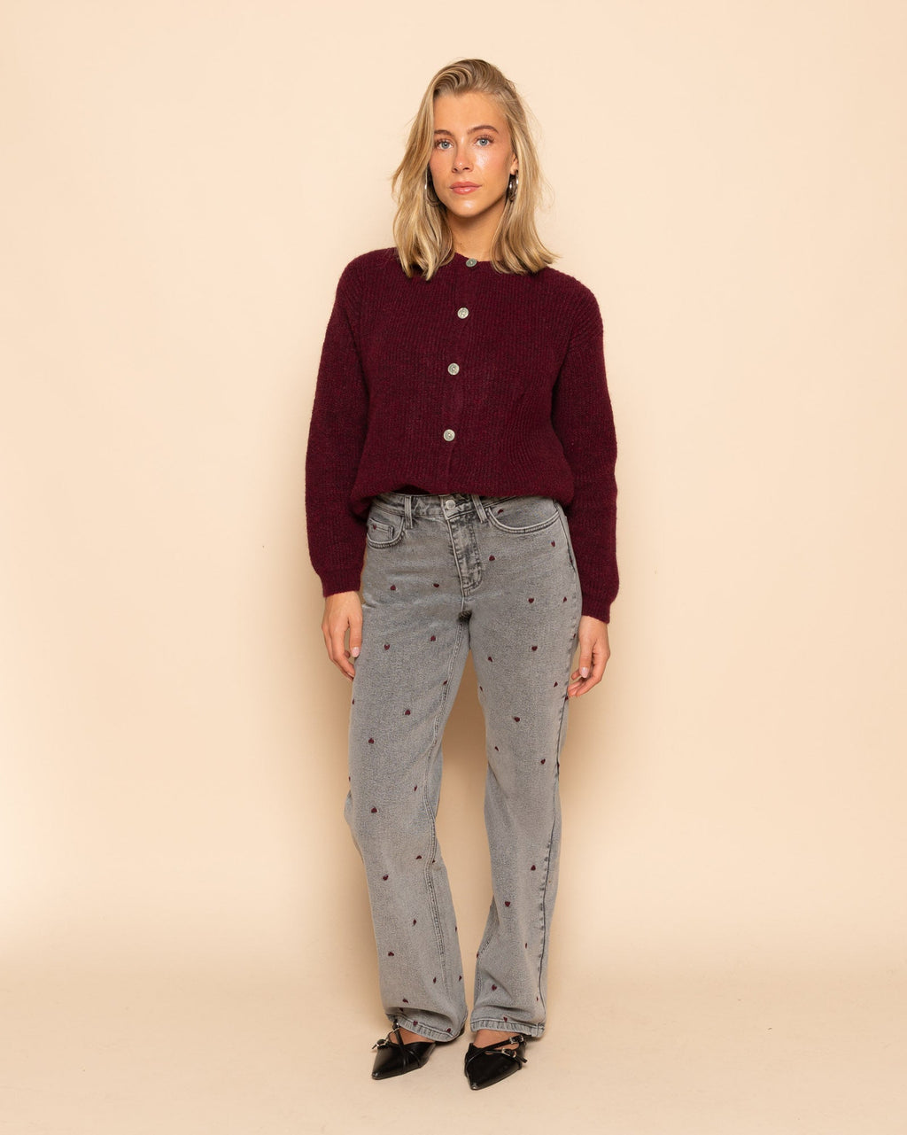 HEART BOOTCUT JEANS GRIJS BURGUNDY