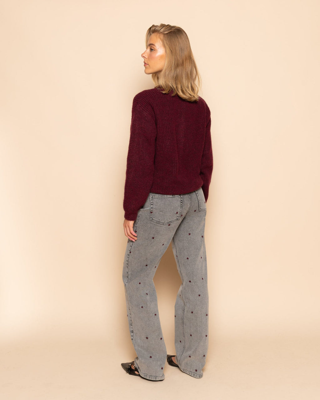 HEART BOOTCUT JEANS GRIJS BURGUNDY