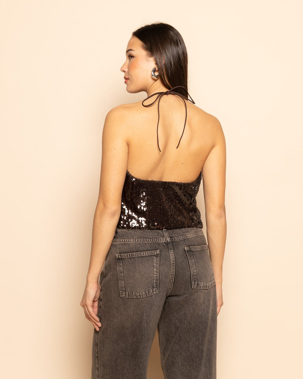 SEQUINS STRAPPY HALTER TOP BRUIN