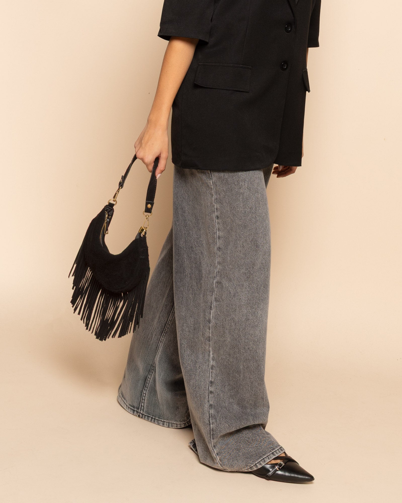 NAOMY FRINGE SUEDE BAG ZWART