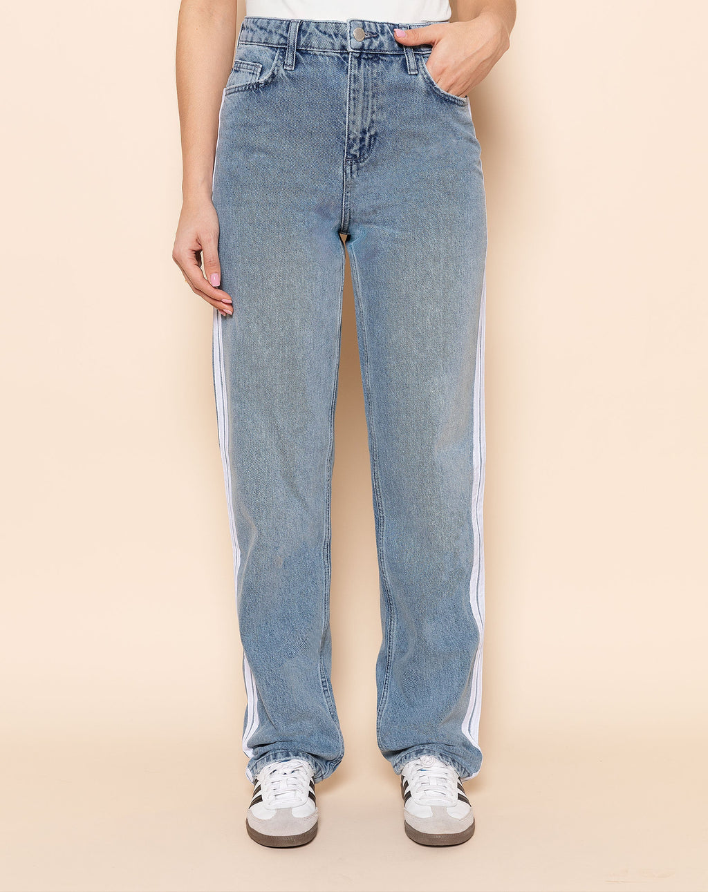 TAPE DENIM STRAIGHT LEG JEANS BLAUW
