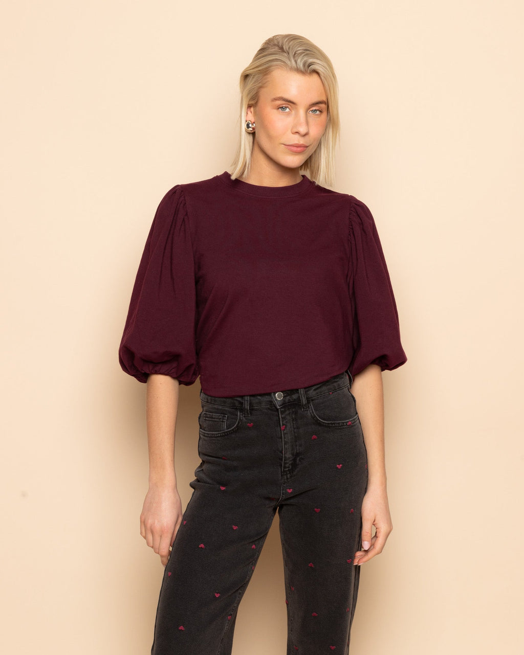 HEART BOOTCUT JEANS DONKERGRIJS BURGUNDY