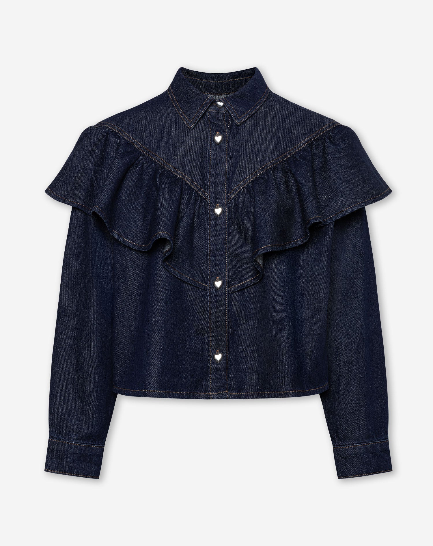 RUFFLE DENIM BLOUSE DONKERBLAUW