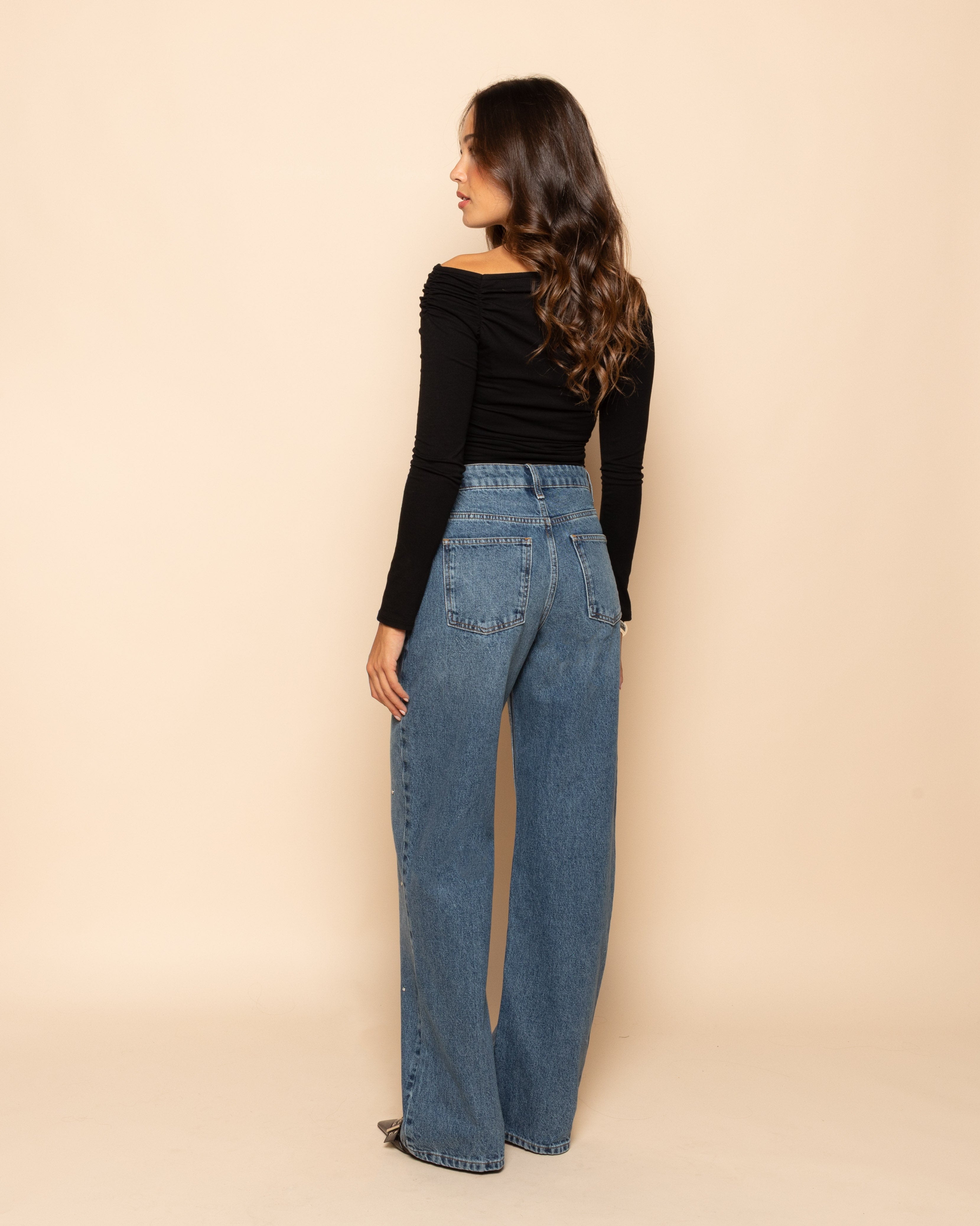 STUD PEARL STRAIGHT LEG JEANS  BLAUW