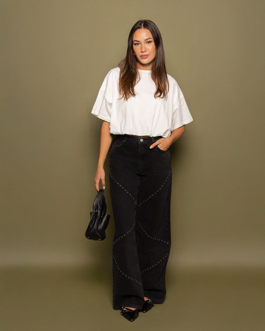 VICKY STUD WIDE LEG JEANS DONKERGRIJS