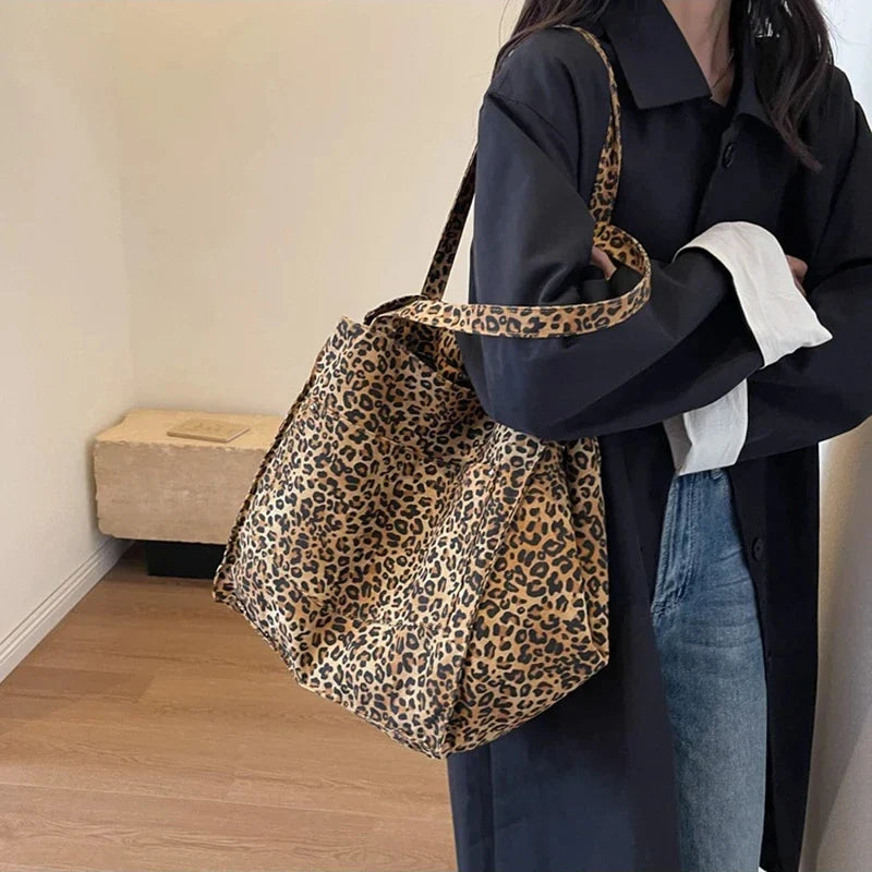 Bolso tote de lona retro con estampado de leopardo