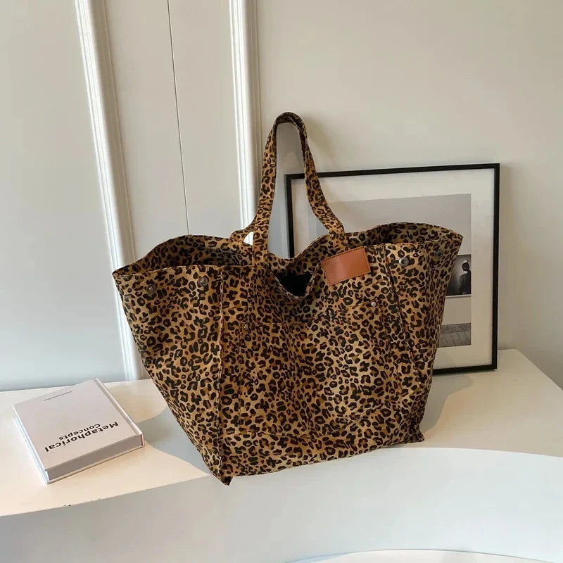 Bolso tote de lona retro con estampado de leopardo