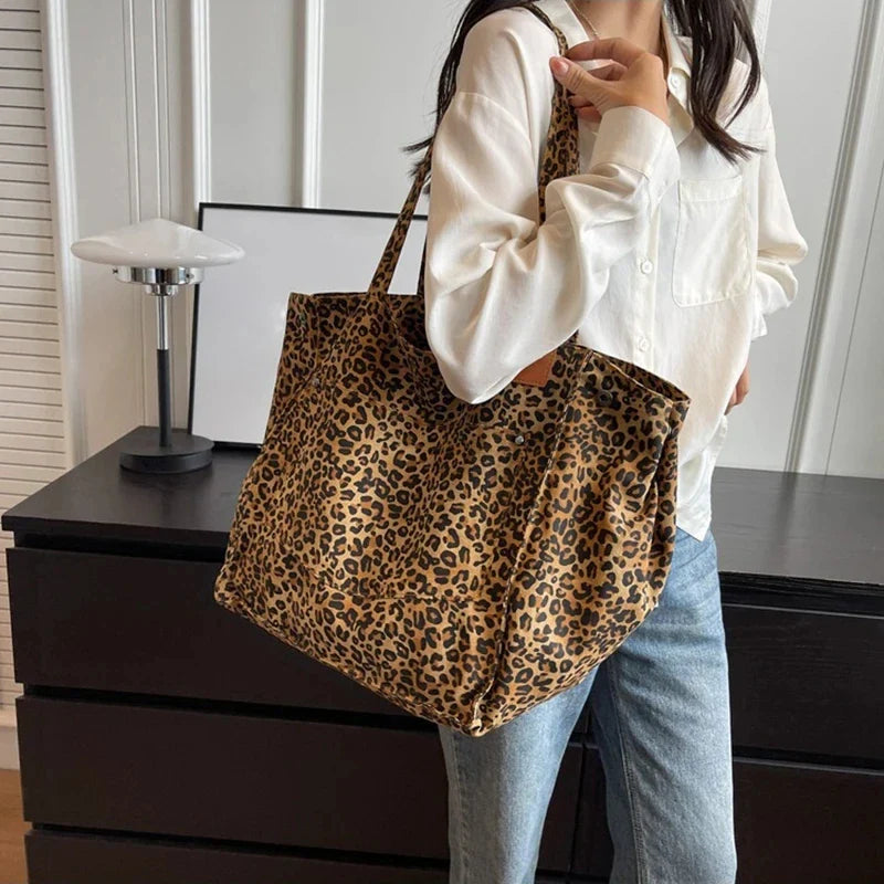 Bolso tote de lona retro con estampado de leopardo