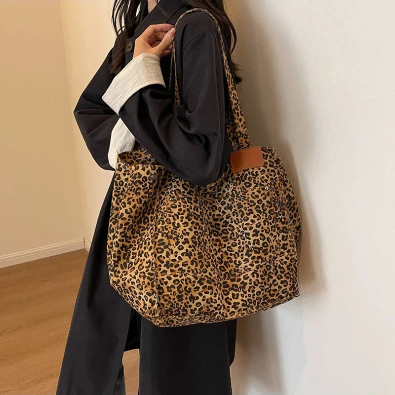 Bolso tote de lona retro con estampado de leopardo