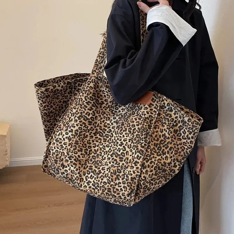 Bolso tote de lona retro con estampado de leopardo