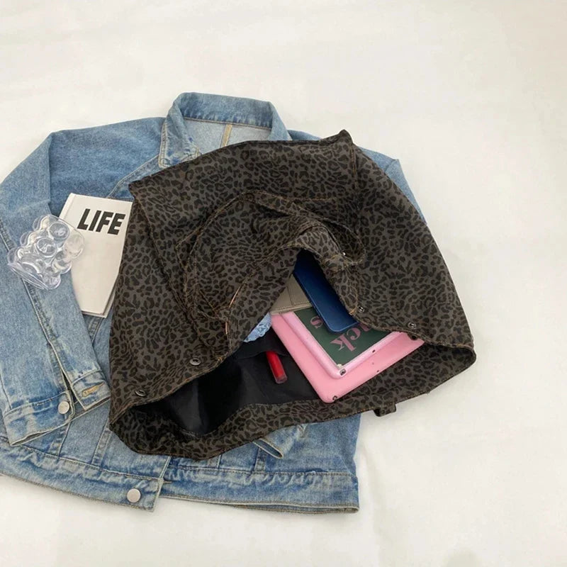 Bolso tote de lona retro con estampado de leopardo