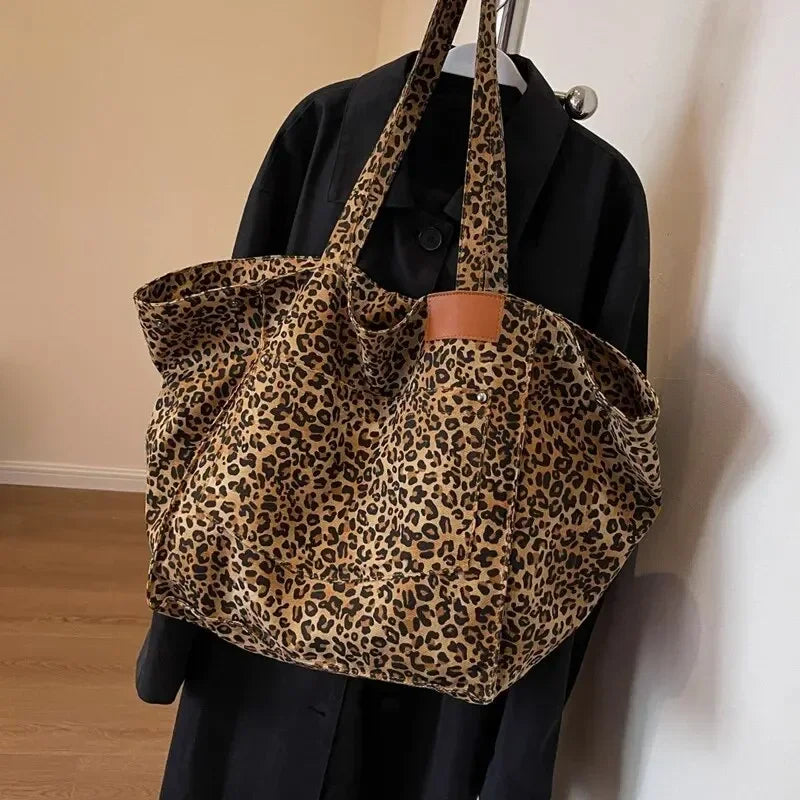 Bolso tote de lona retro con estampado de leopardo