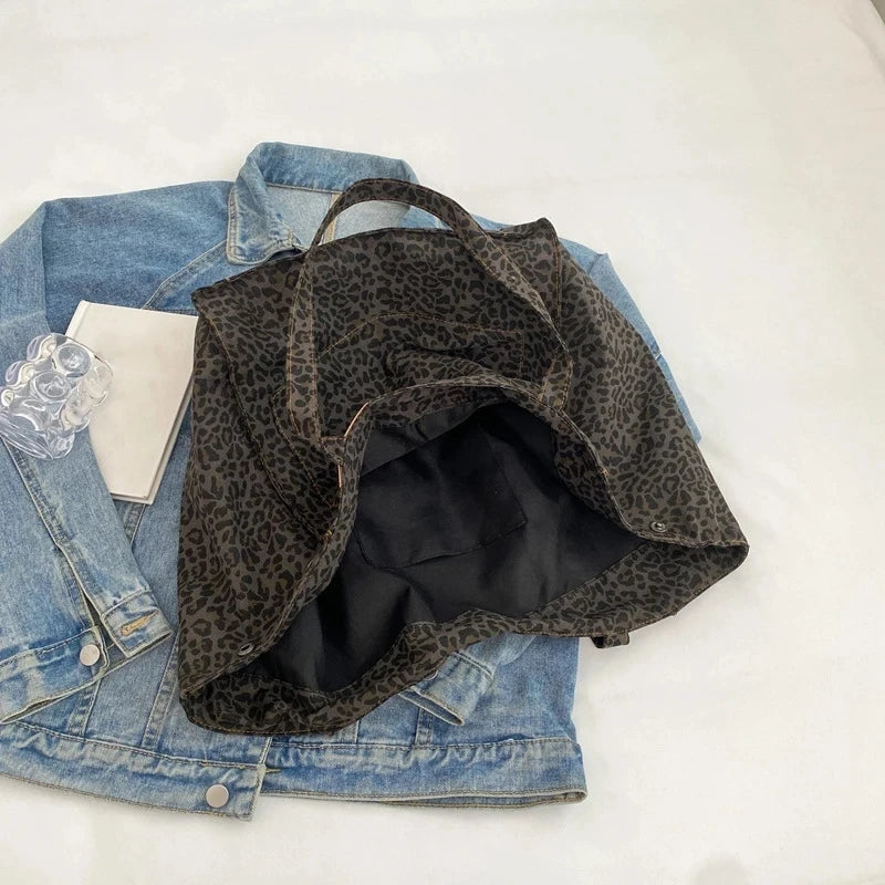 Bolso tote de lona retro con estampado de leopardo