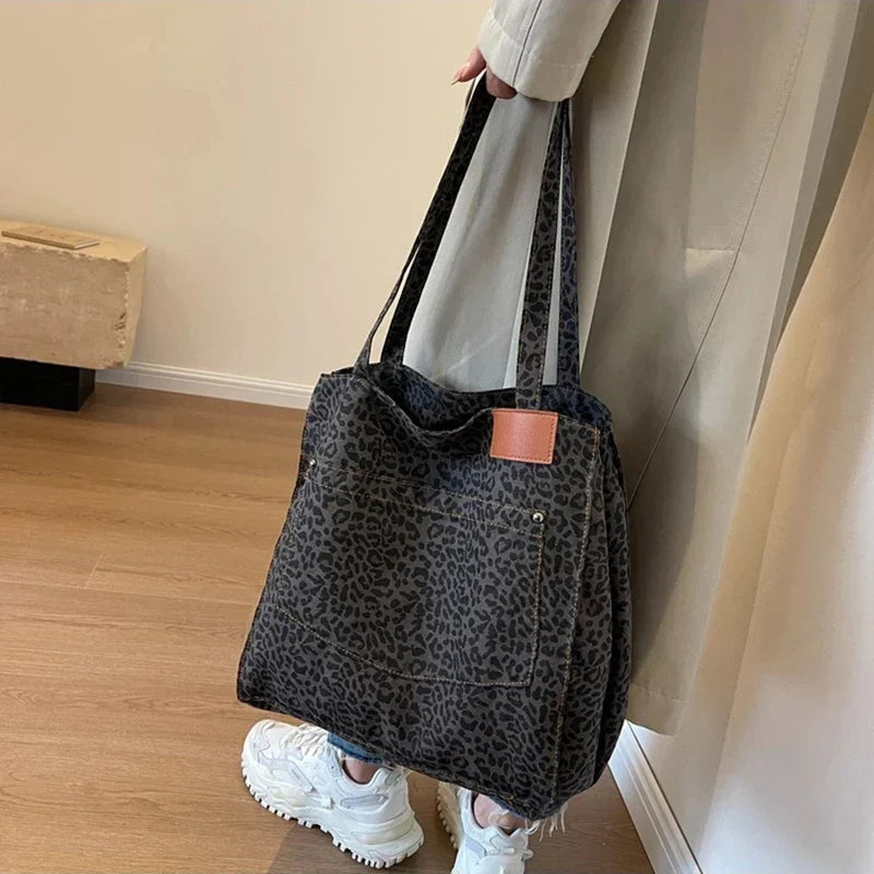 Bolso tote de lona retro con estampado de leopardo
