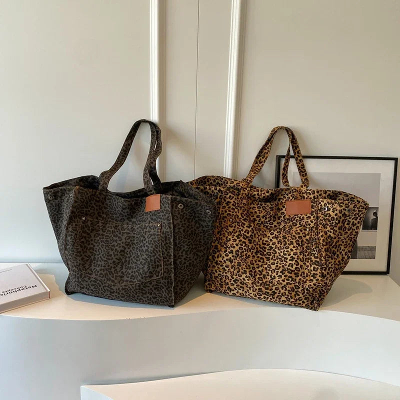 Bolso tote de lona retro con estampado de leopardo