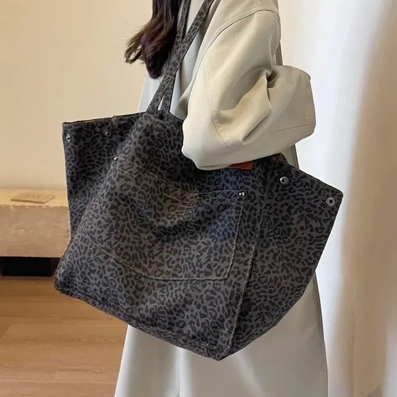 Bolso tote de lona retro con estampado de leopardo