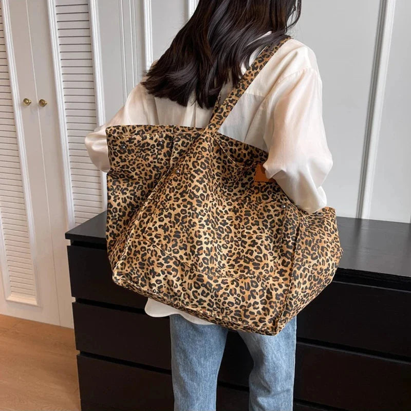 Bolso tote de lona retro con estampado de leopardo