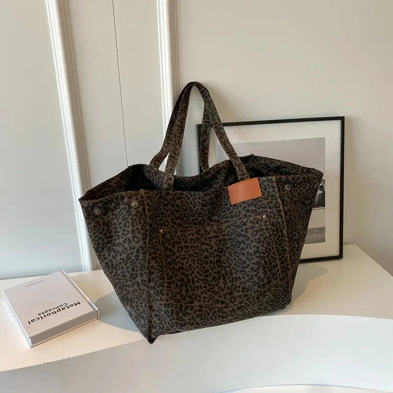 Bolso tote de lona retro con estampado de leopardo