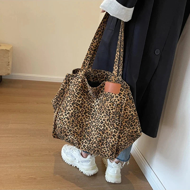 Bolso tote de lona retro con estampado de leopardo