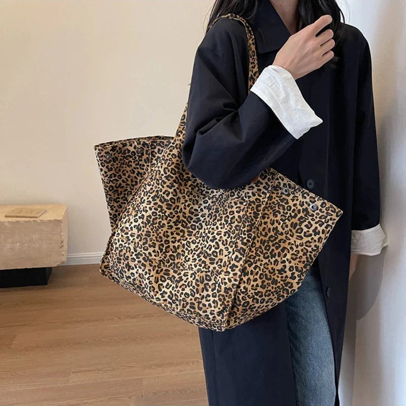 Bolso tote de lona retro con estampado de leopardo